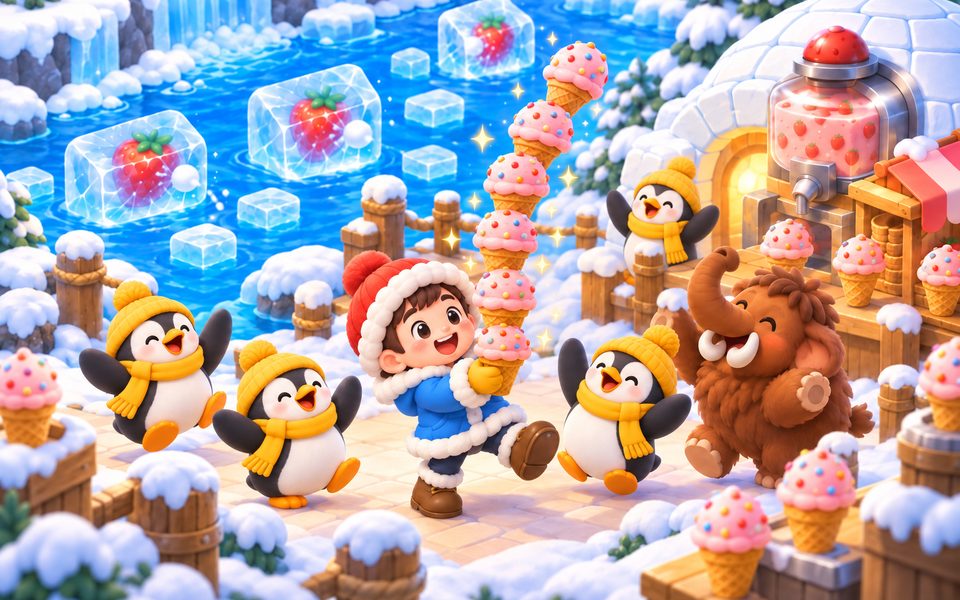 Ein Kind trägt einen hohen Turm aus Erdbeereis, Pinguine mit gelben Mützen und ein Babymammut jubeln