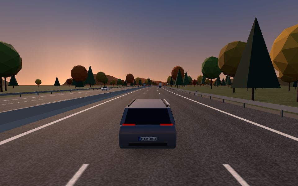 Nächtliche Autobahn aus der Verfolgerkamera, vorne ein dunkler Kombi im Abendrot