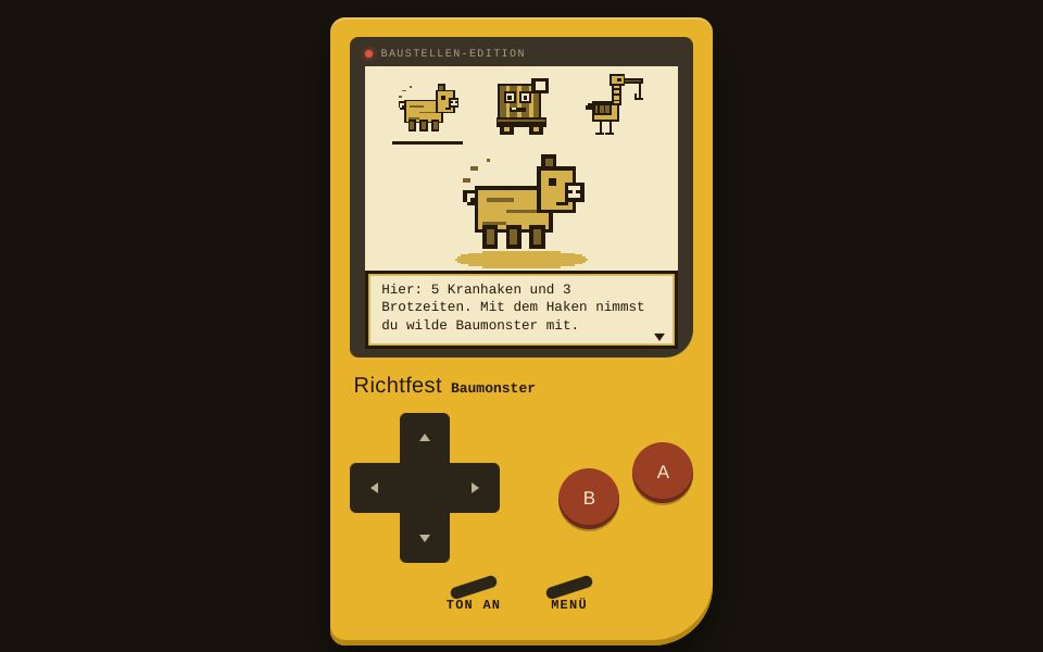 Gelbe Handheld-Konsole, auf dem Bildschirm drei pixelige Baumonster zur Auswahl